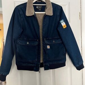 Carhartt Navy Jacket with Tan Sherpa Lining